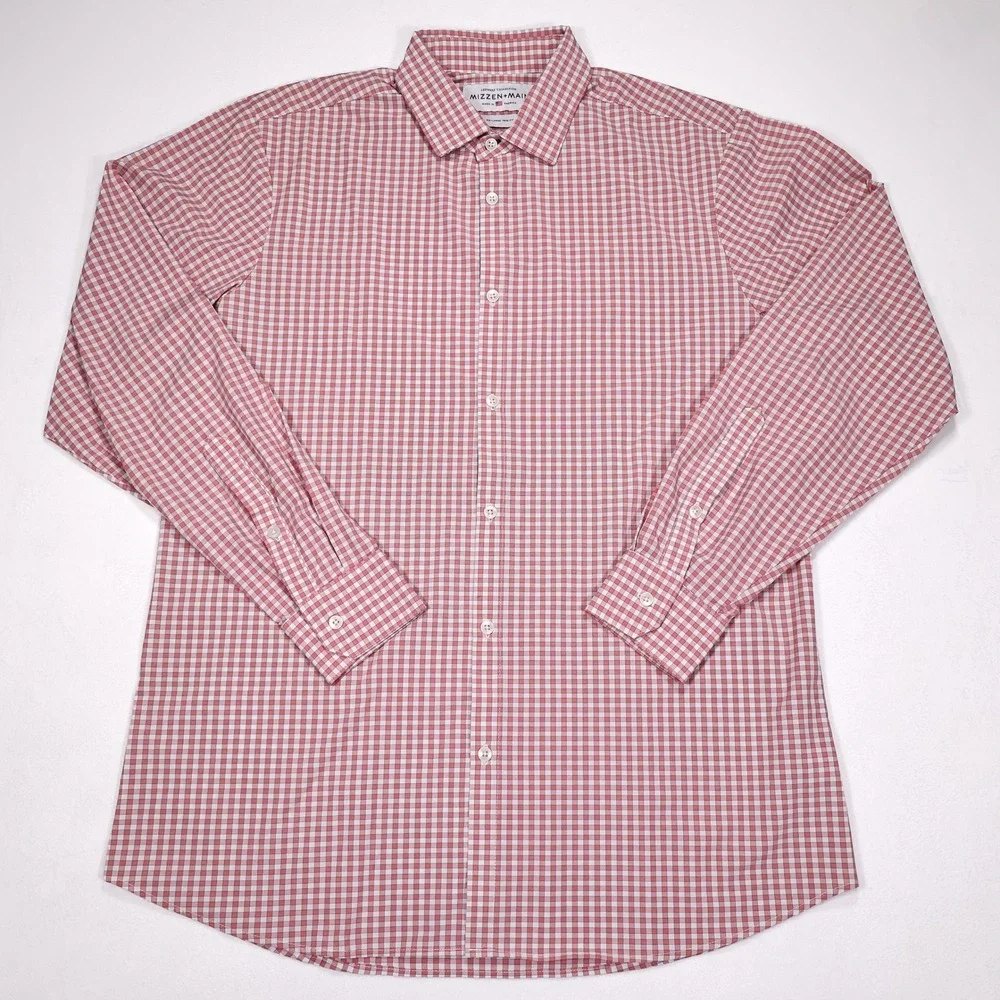MIZZEN+MAIN Men's XXL Red Gingham Leeward Collection Trim Fit Dress Shirt USA - Picture 2 of 7
